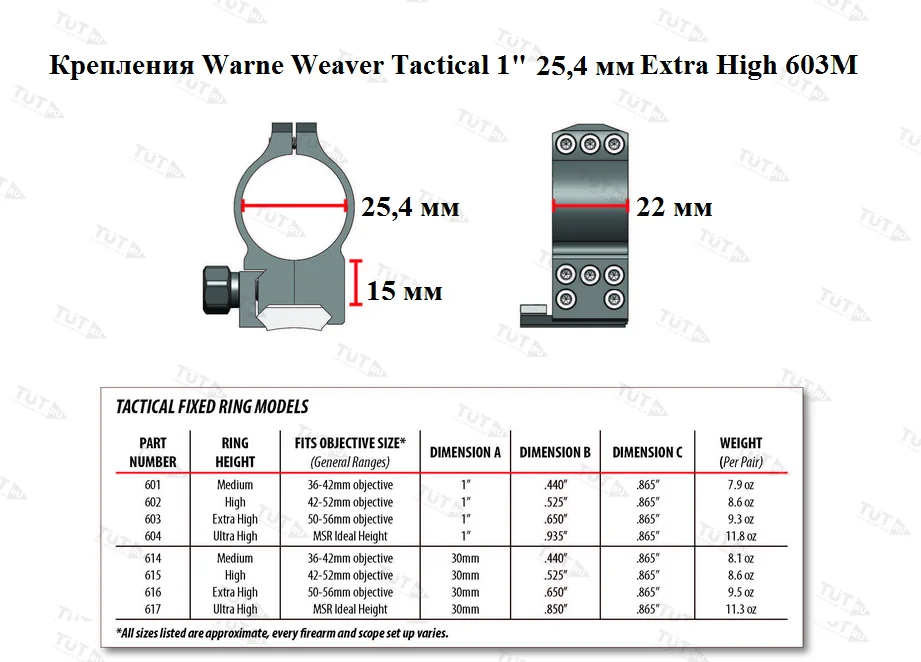 Крепления Warne Weaver Tactical 1&amp;quot; 25,4 мм Extra High (603M)