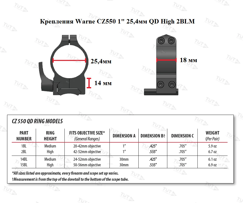 Крепления Warne CZ550 1" 25,4мм QD High (2BLM)