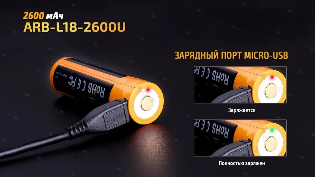 Аккумулятор 18650 Fenix 2600U mAh с разъемом для USB, ARB-L18-2600U