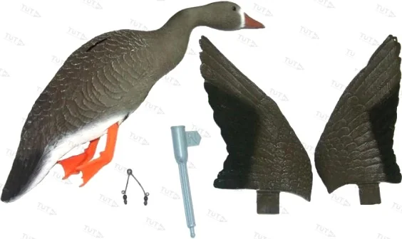 Чучело гуся белолобый летящий, крепеж на палку, подвижн.крылья для веревки, пластик, не складной, ма