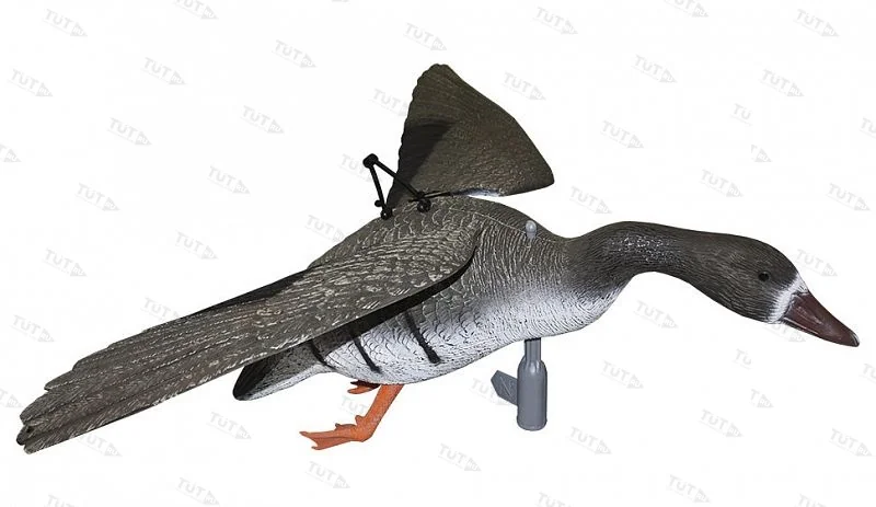 Чучело гуся белолобый летящий, крепеж на палку, подвижн.крылья для веревки, пластик, не складной, ма