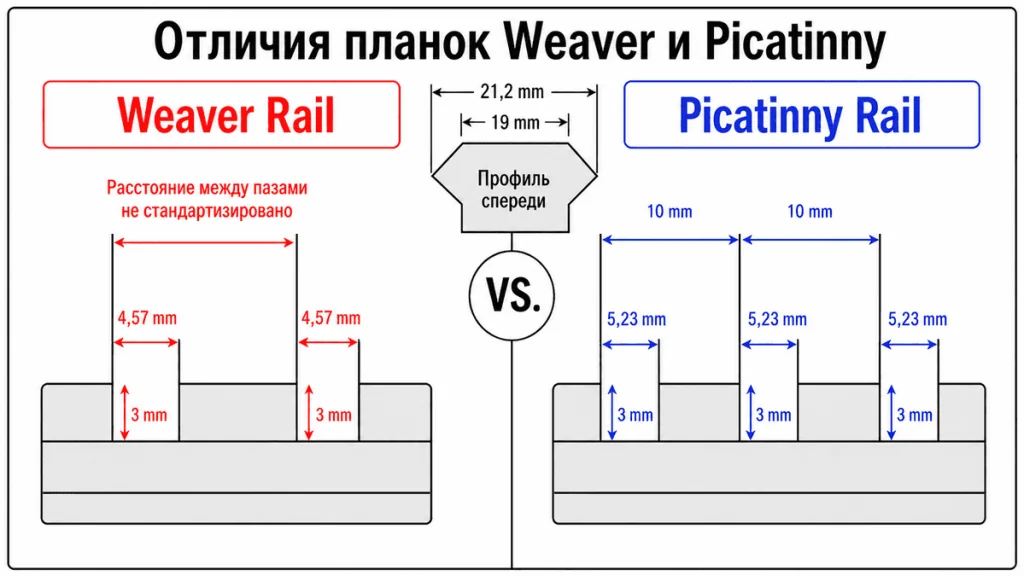 Схема отличия планок Вивер и Пикатинни